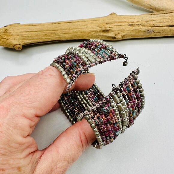 Vintage Multi Colored Beaded Cuff Gypsy Boho Bracelet - Picture 5 of 5